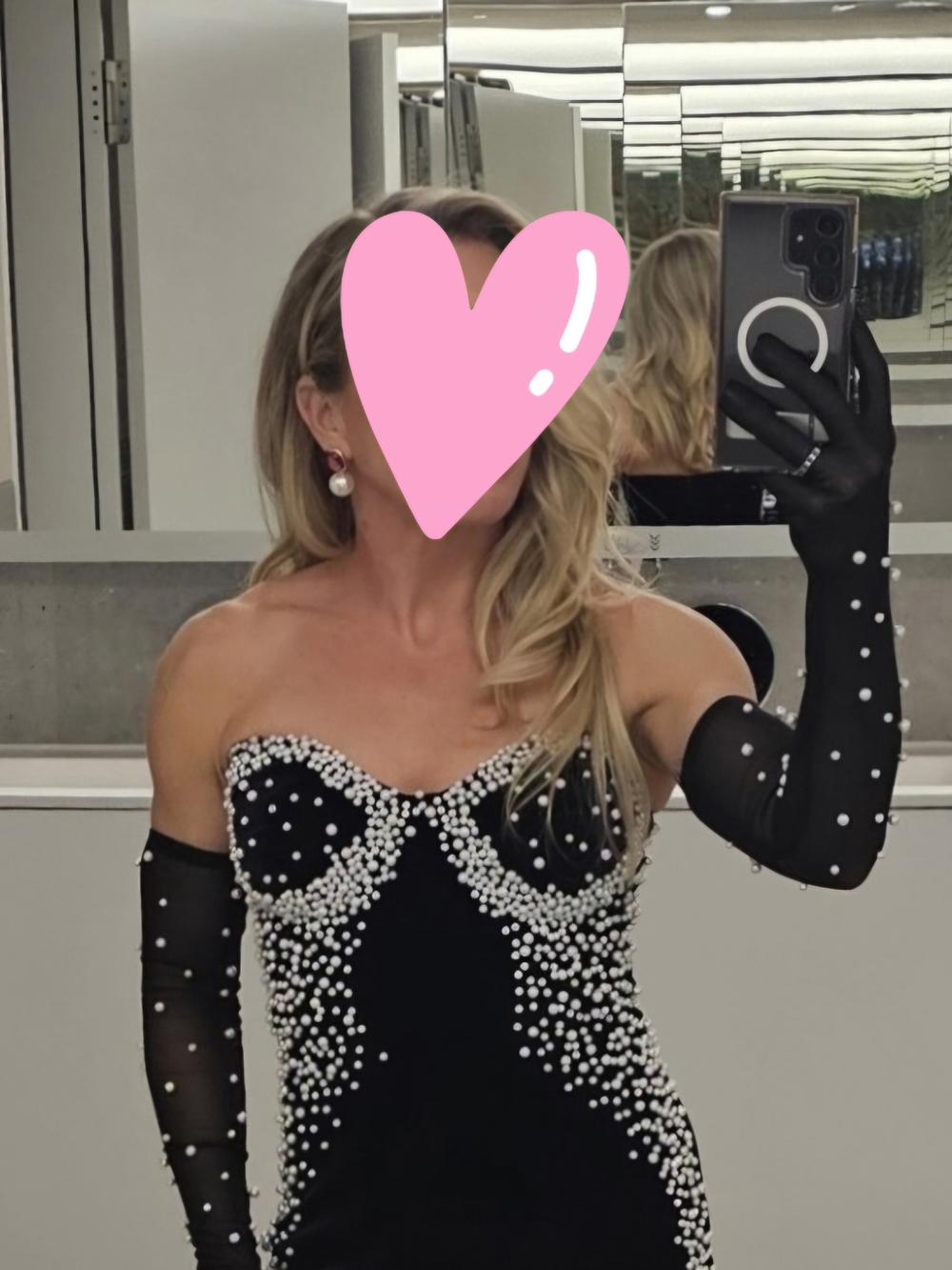 Strapless Black Pearl-Embellished Evening Dress w/ Gloves